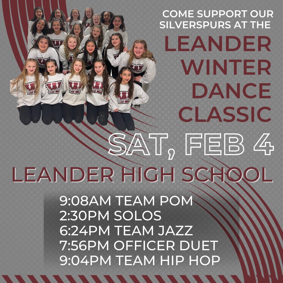 SSpursBooster's tweet photo. It may be cold outside but things are heating up for our Spurs! Come see them in their first competition if the season at the Leander Winter Dance Classic. Sat 2/4 at Leander High School! Tickets lined on our website. 
Hope to see you there!! @Ebonyjenee @WileyMS1 @mrslobutler https://t.co/PTRafSYDsf