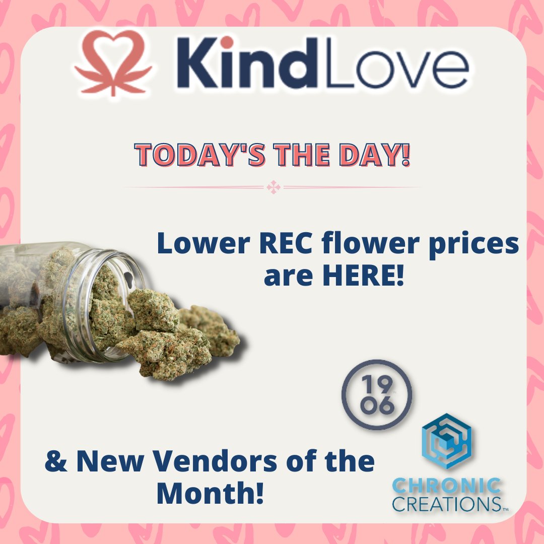 therealkindlove's tweet photo. Celebrating our 13th anniversary this month and we're sharing the love with lower REC flower prices, starting today!! 😍

1906 is 25% off &amp; Chronic Creations are BOGO 50% off all single grams, all month long!

And more to come throughout the month!
#cannabislife #cannabisculture https://t.co/Tb0C6VQ1XY
