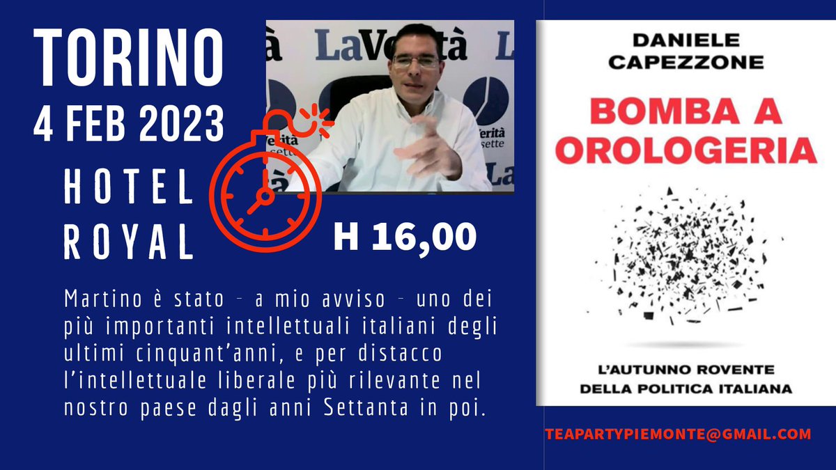 Sabato 4 Febbraio alle 16 a #Torino con <a href="/Capezzone/">Daniele Capezzone</a> parleremo anche del Professor #AntonioMartino presso l’Hotel Royal, in Corso Regina Margherita n.249
teapartypiemonte@gmail.com