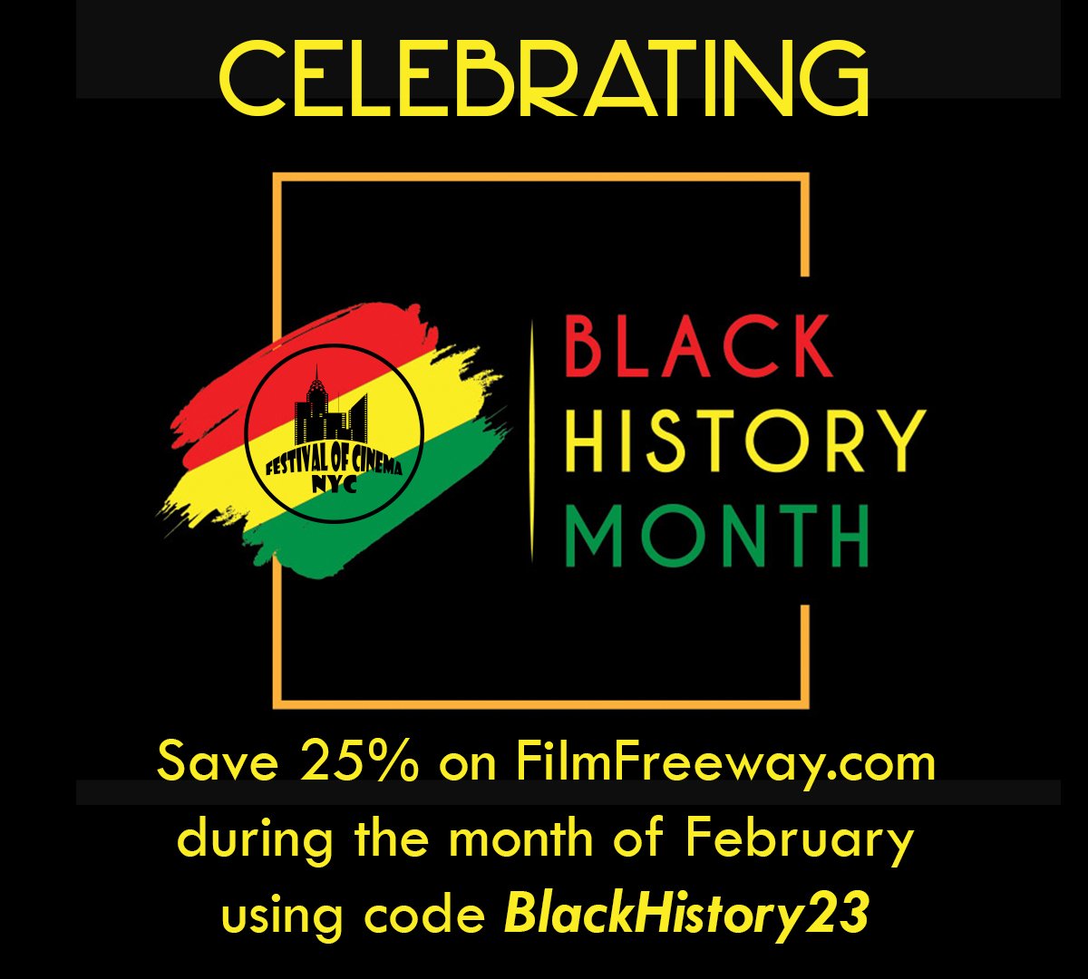 FestofCinemaNYC's tweet image. To honor and celebrate Black History Month we are offering 25% off film and script submission 
fees throughout the month of February
with promo code 'BlackHistory23' 
exclusively on FilmFreeway.com

filmfreeway.com/FestivalofCine…