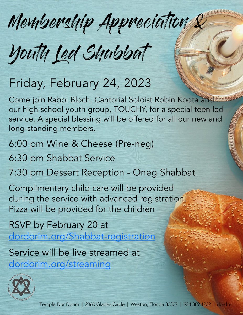 TempleDorDorim's tweet photo. Membership Appreciation &amp; Youth Led Shabbat - Friday, February 24
Wine &amp; Cheese Preneg at 6:00 pm
Shabbat Service at 6:30 pm
Register to join us for Shabbat at https://t.co/5oSAsgqxHk! https://t.co/mFFBN7Juxx