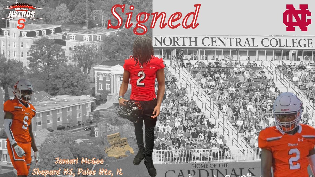 Shepardfootball's tweet photo. Congrats to Jamari McGee, @JamariMcGee2 signs with North Central College to continue his academic and football careers. #RelentlessDiscipline https://t.co/UiM84tnhxj