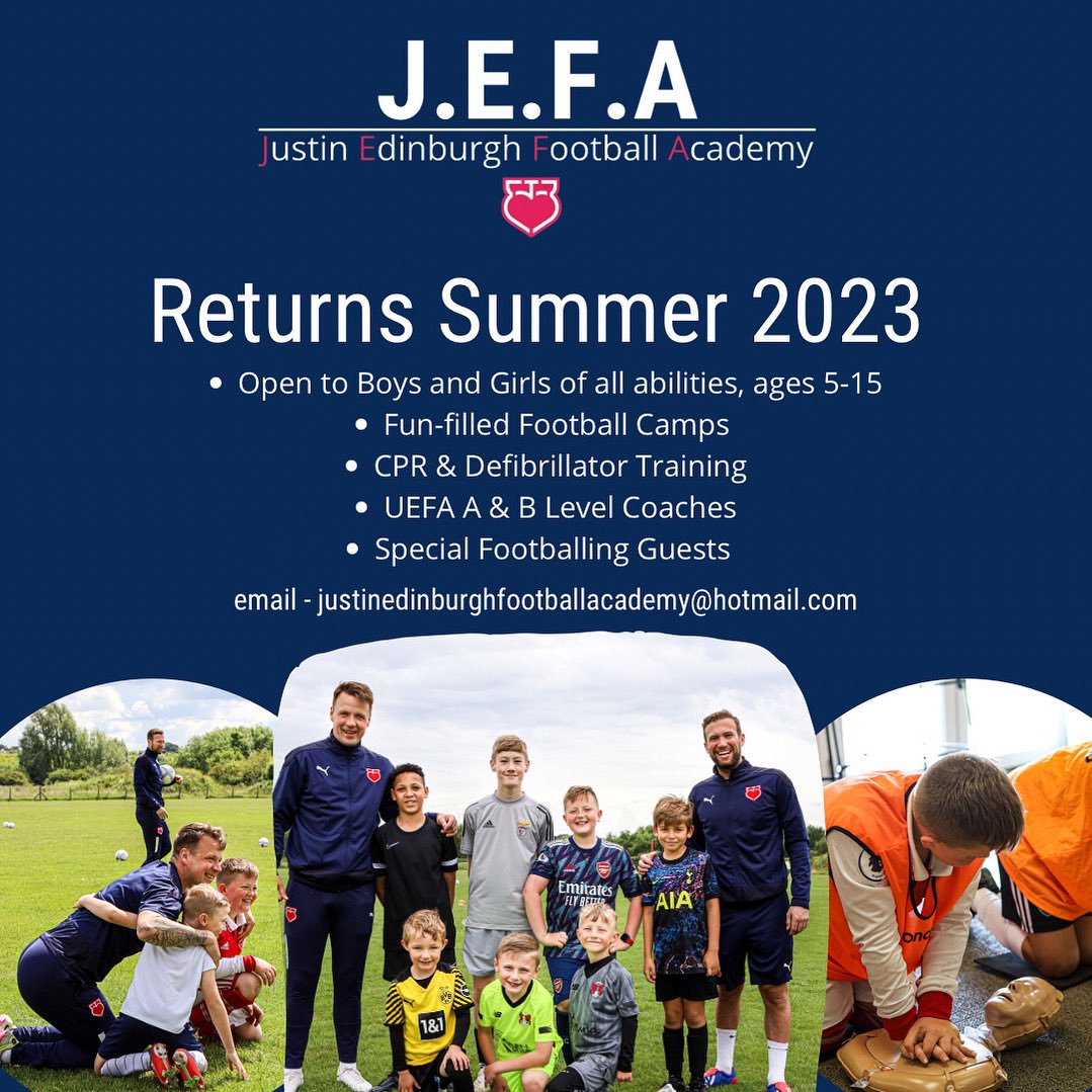 Justin Edinburgh Football Academy (@_jefootballacad) on Twitter photo ππ ππ«π ππππ€ β½οΈβ½οΈβ½οΈ
<a href="/_JEFootballAcad/">Justin Edinburgh Football Academy</a> in association with <a href="/JE3Foundation/">Justin Edinburgh 3 Foundation</a>
βοΈFootball Camps in Essex returning Summer 2023.
βοΈBoys & Girls all abilities, age 5-15.
βοΈUEFA A & B Coaches.
βοΈAn opportunity to learn CPR via <a href="/JE3Foundation/">Justin Edinburgh 3 Foundation</a> qualified professionals. ππ ππ«π ππππ€ β½οΈβ½οΈβ½οΈ
<a href="/_JEFootballAcad/">Justin Edinburgh Football Academy</a> in association with <a href="/JE3Foundation/">Justin Edinburgh 3 Foundation</a>
βοΈFootball Camps in Essex returning Summer 2023.
βοΈBoys & Girls all abilities, age 5-15.
βοΈUEFA A & B Coaches.
βοΈAn opportunity to learn CPR via <a href="/JE3Foundation/">Justin Edinburgh 3 Foundation</a> qualified professionals.