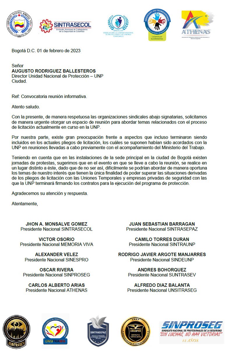 10 organizaciones sindicales nos encontramos dispuestas a dialogar con el Dir. <a href="/UNPColombia/">Unidad Nacional de Protección, UNP.</a> y su equipo de trabajo en búsqueda se solucionar las problemáticas que quejan a trabajadores. Bienvenidos <a href="/UNSITRASEGNAL/">UNSITRASEG NACIONAL</a> y sindicato Athenas. Esperamos comunicación de respuesta.