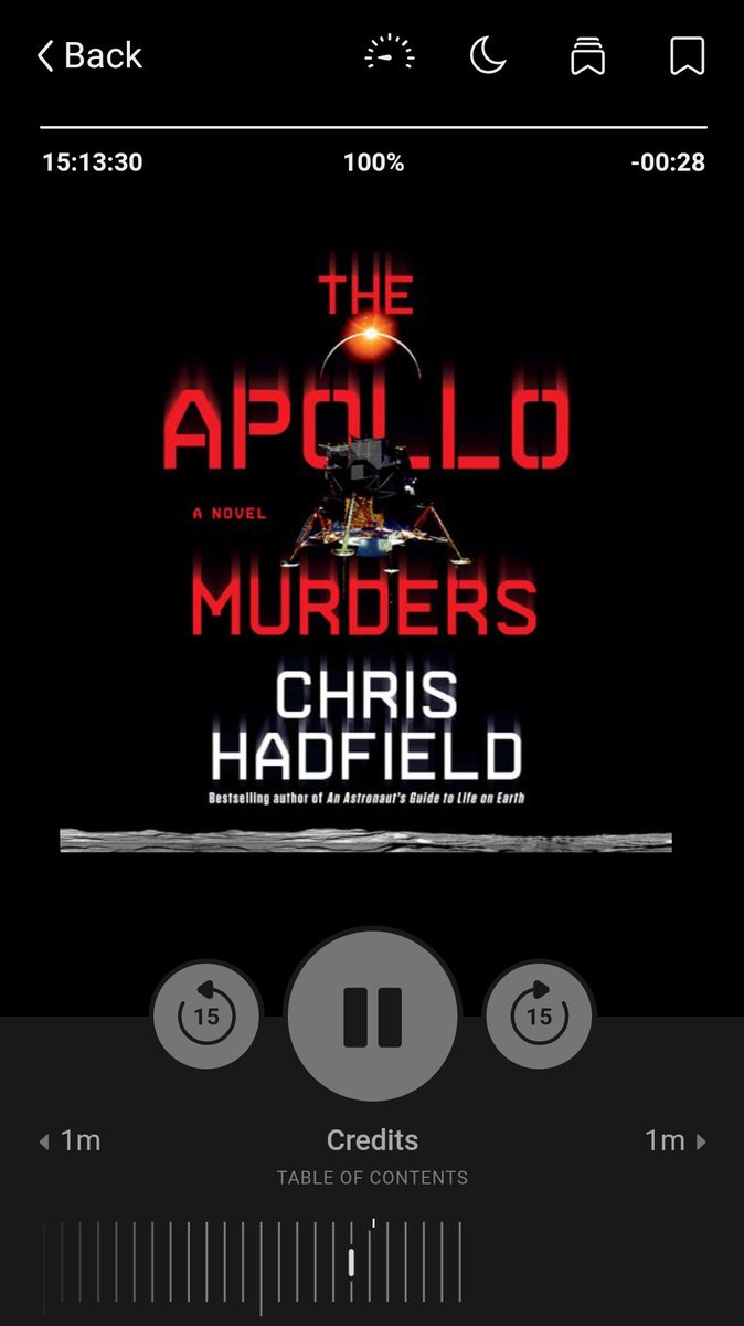 #apollomurders audiobook is the best one I have heard yet! The narrator did a great job. Rich multiple running story lines make for a thrilling ride. The scientific quirks with space flight and politics really is entertaining. Can't wait to "read" the next one! Netflix?