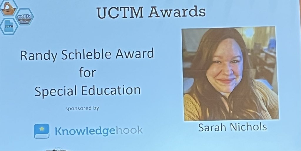 Congratulations Sarah Nichols on winning the Randy Schelbe Award for Special Education <a href="/UCTM_math/">UCTM</a> Conference!!! It’s so nice to see Special Education Teachers being recognized!