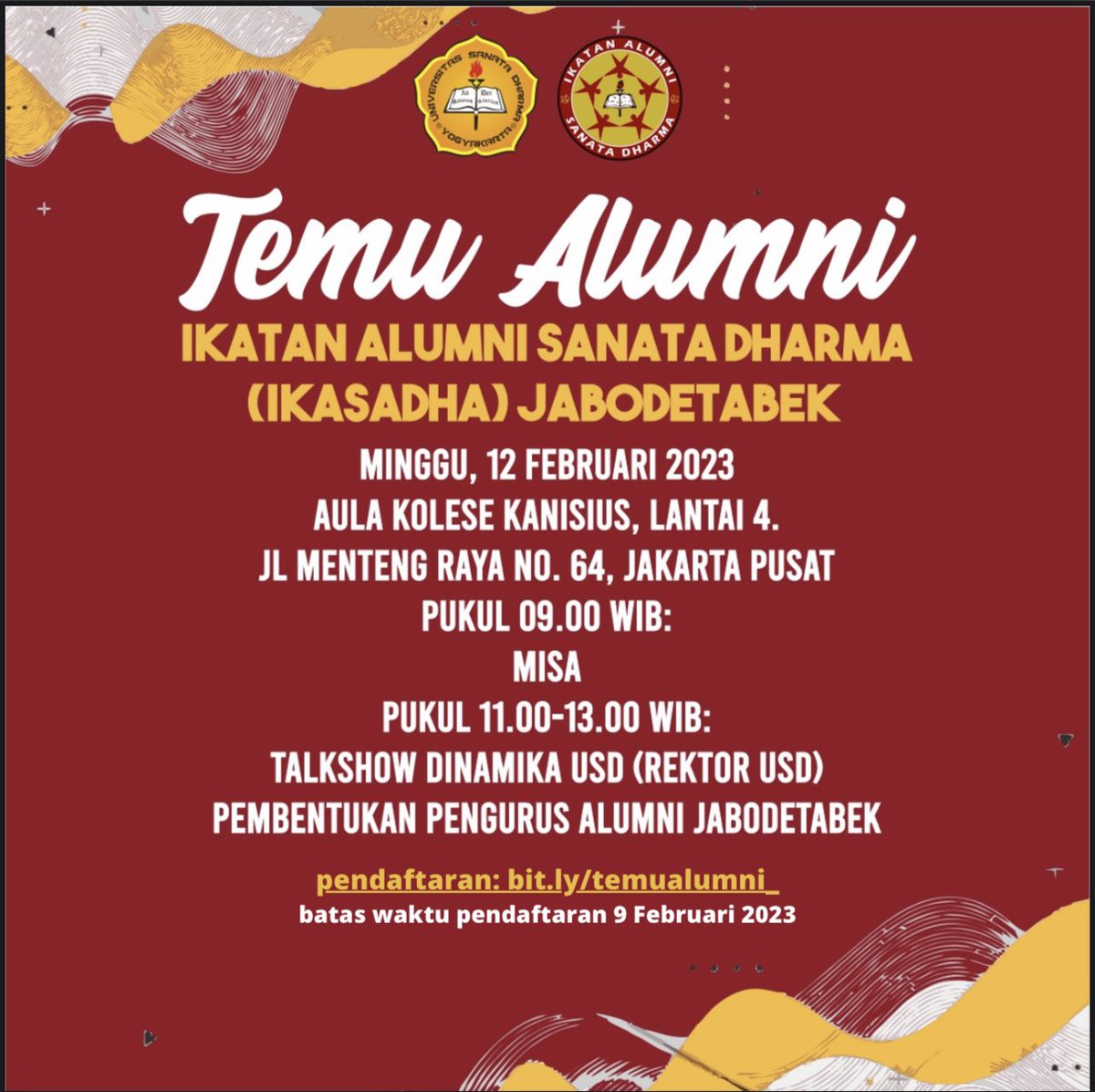 alumni_usd's tweet photo. Hi Guys,

Kita akan mengadakan reuni dgn agenda :
1. Pukul 09.00 Misa
2. Pukul 11.00 Talkshow Dinamika USD (Rektor USD)
3. Pembentukan dan Pelantikan Pengurus Alumni Wilayah Jabodetabek. 

Yang hadir tolong mengisi link pendaftaran :
https://t.co/VY6yj7Xfpe https://t.co/oOEv98VVAR