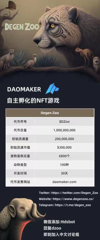 🎁抽1WL 限购额度50u🎁

DAOMaker CEO发起的NFT通缩游戏 <a href="/Degen_Zoo/">AI Zoo - AI generated NFT games on Solana & BSC</a>
,结合defi和NFT，游戏30天内上线，代币也会不久上线。

抽奖要求：
1⃣关注 <a href="/The_Wooo/">memory</a>&amp; <a href="/Degen_Zoo/">AI Zoo - AI generated NFT games on Solana & BSC</a>
2⃣点赞、转发,随意评论即可
3⃣JOIN:t.me/degenzoomandar…

12h⏰