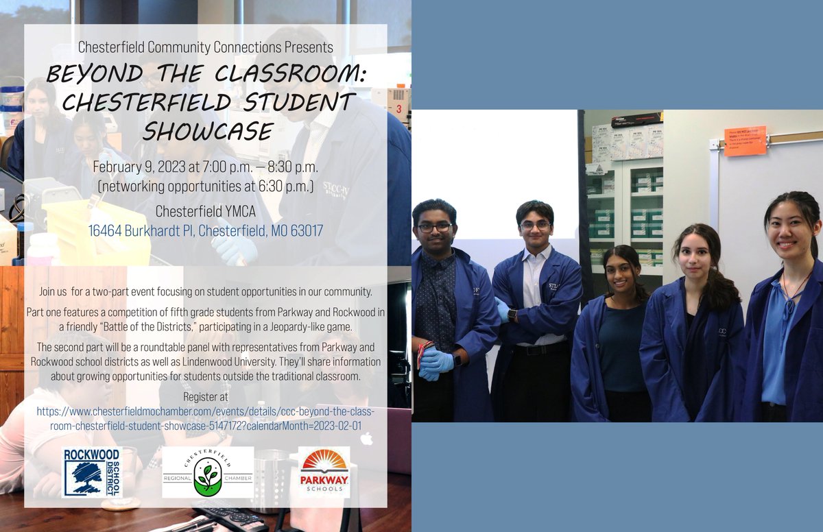 Join us for “Beyond the Classroom: Chesterfield Student Showcase” on Thurs. Feb. 9 at the Chesterfield YMCA. This event is free and brought to you by Rockwood, <a href="/ParkwaySchools/">Parkway Schools</a> and the Chesterfield Regional Chamber. 

To attend, please register at rsdmo.info/beyondtheclass….