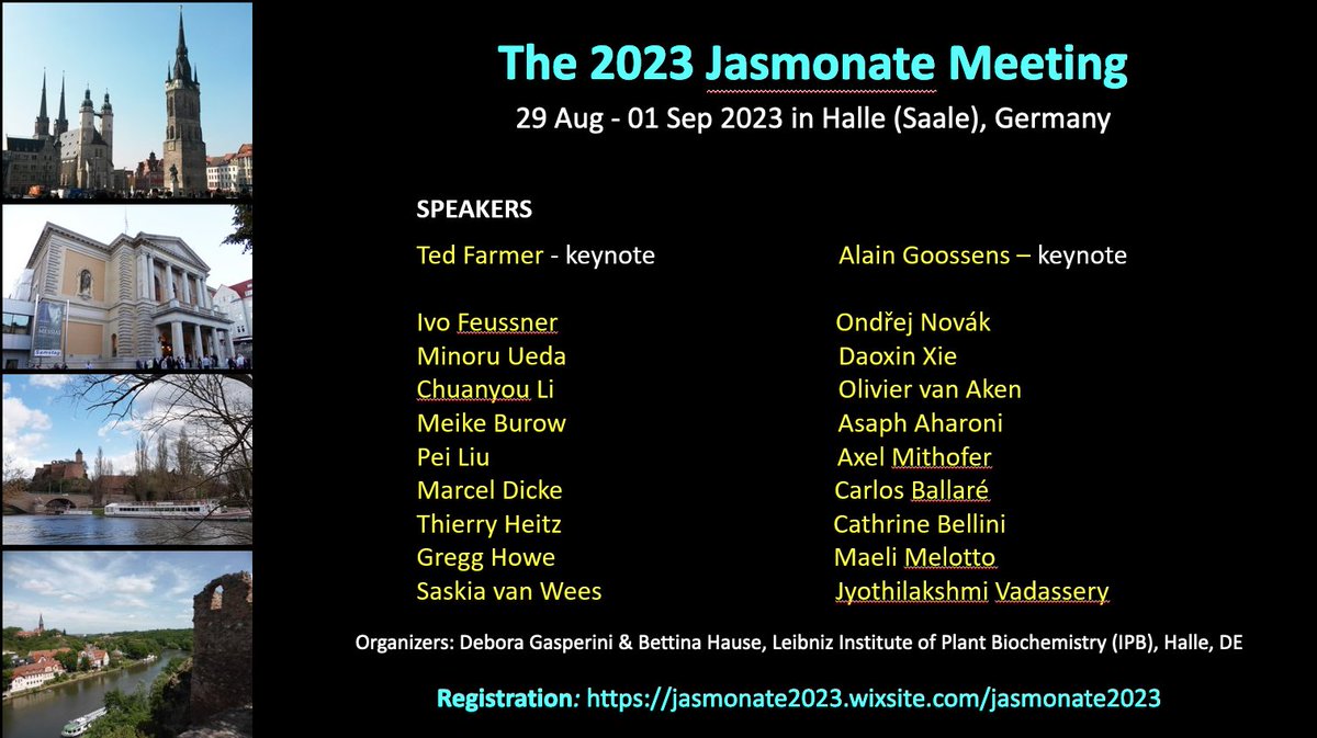 Registration is open for The 2023 Jasmonate meeting, early bird ends 31 May

We look forward to welcoming you to Halle, a cradle of #Jasmonate research, with this meeting offering glances into future avenues

jasmonate2023.wixsite.com/jasmonate2023