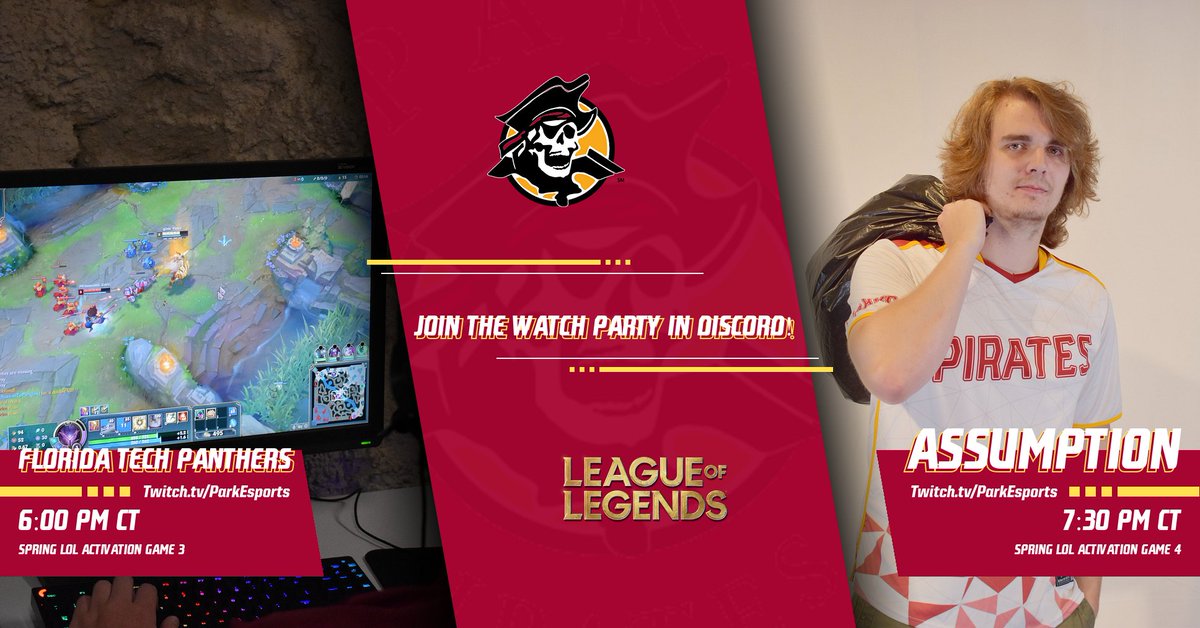 Watch our League of Legends team live tonight at 6 and 7:30 with the watch party in our Discord! discord.gg/rtV7GHn Or on our Twitch at Twitch.tv/ParkEsports as they compete in NECC LoL Activation Round 2. 
•
•
 #eSports #parkuniversity #kansascity #pirates #college