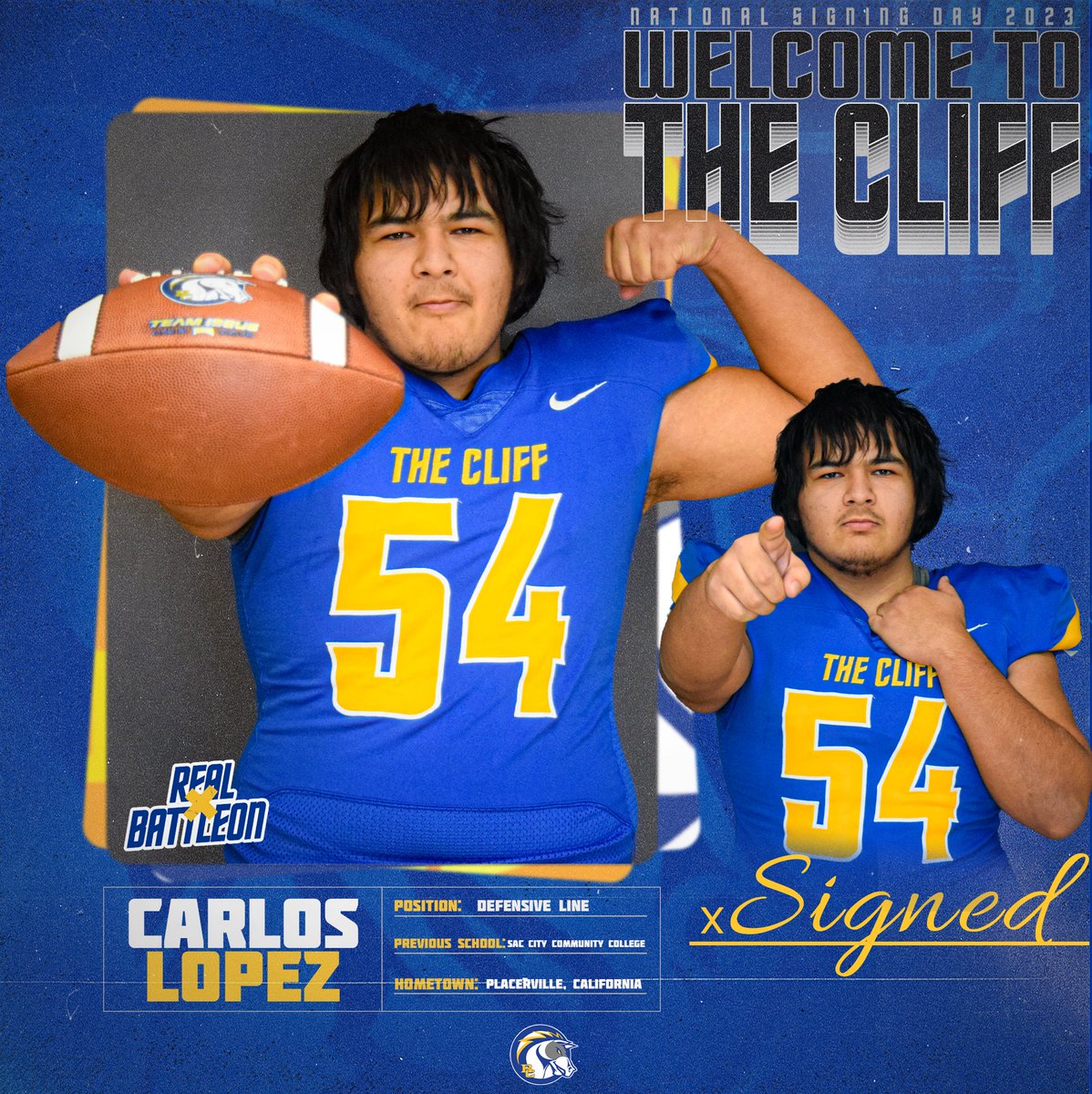 BriarCliffFB's tweet photo. National Signing Day 2023‼️
✍️| Carlos Lopez
📍| Sac City CC
🚨| Defensive Line
📋| 6’0” 280
🎥| https://t.co/8ym4hPVNbM

#BattleOn | #ALLIN https://t.co/Dvll5zzuks