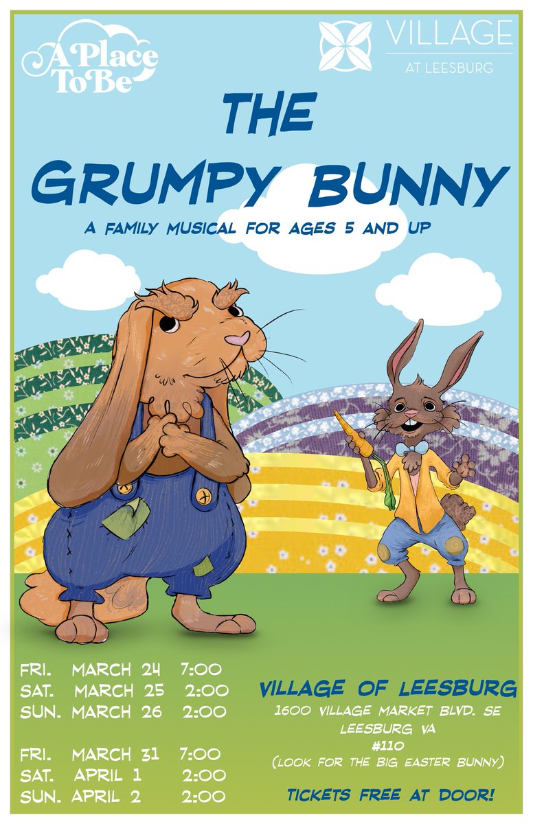 aptbmt's tweet image. We hope you will join us for this spring for "The Grumpy Bunny"!  This new family musical features A Place To Be client performers and will run for two weekends at the Village At Leesburg!  This free interactive family performance is aimed at kids 5 and up.