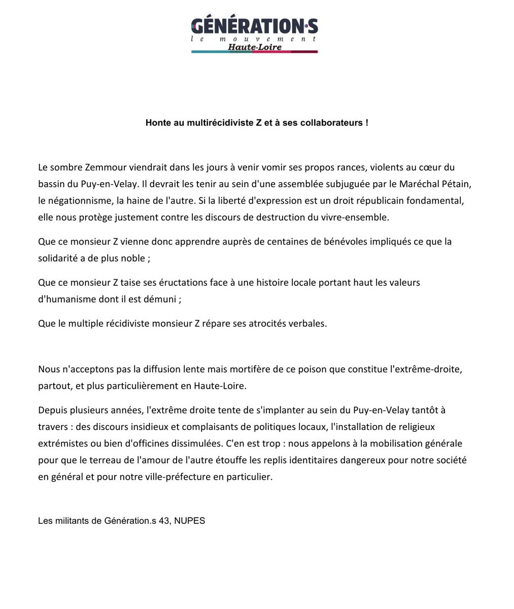 generation_s_43's tweet photo. Honte au multirécidiviste #zemmour et ses collaborateurs ! en #hauteloire #lepuyenvelay [communiqué] https://t.co/sffAjHCohC