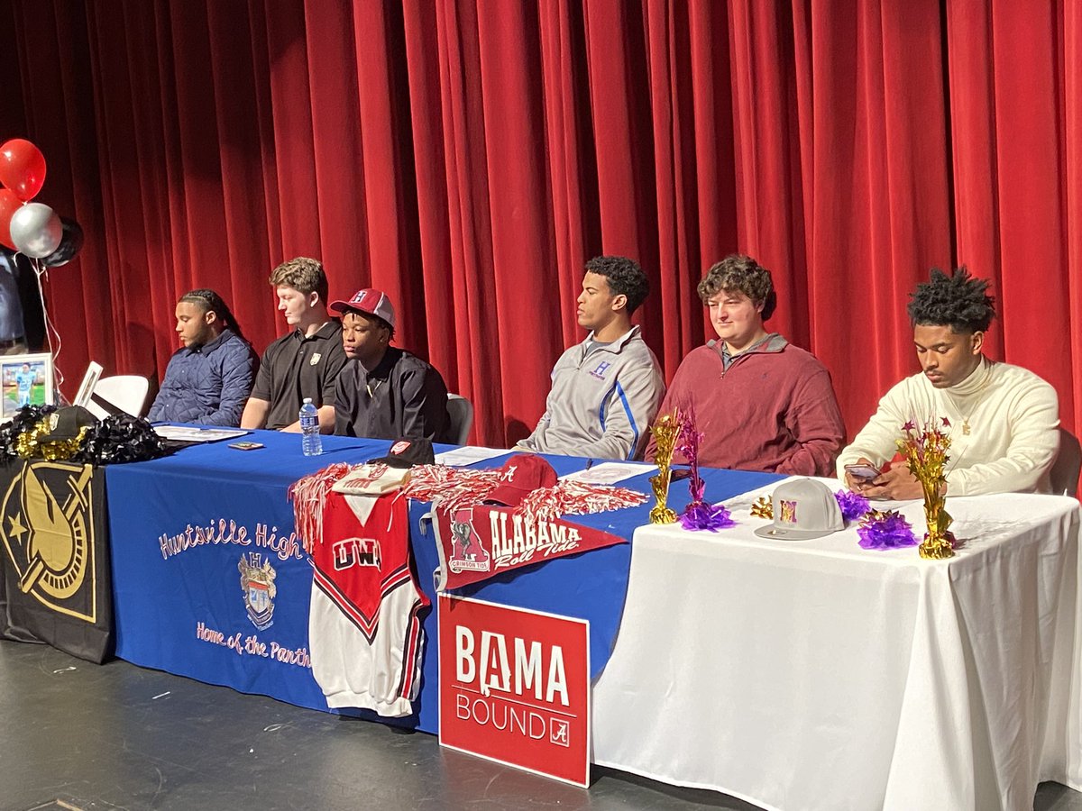 NEXT STOP: @HHSPantherFB! Six Panthers are making their commitments official this #NationalSigningDay * @alexgray64: Army West Point * @TheChillBill77: Alabama * @malikwoods33: Miles College * @SethLawson72: UWA * @JerrellGoodlow Coahoma CC * @Rodarrius2 Independence CC