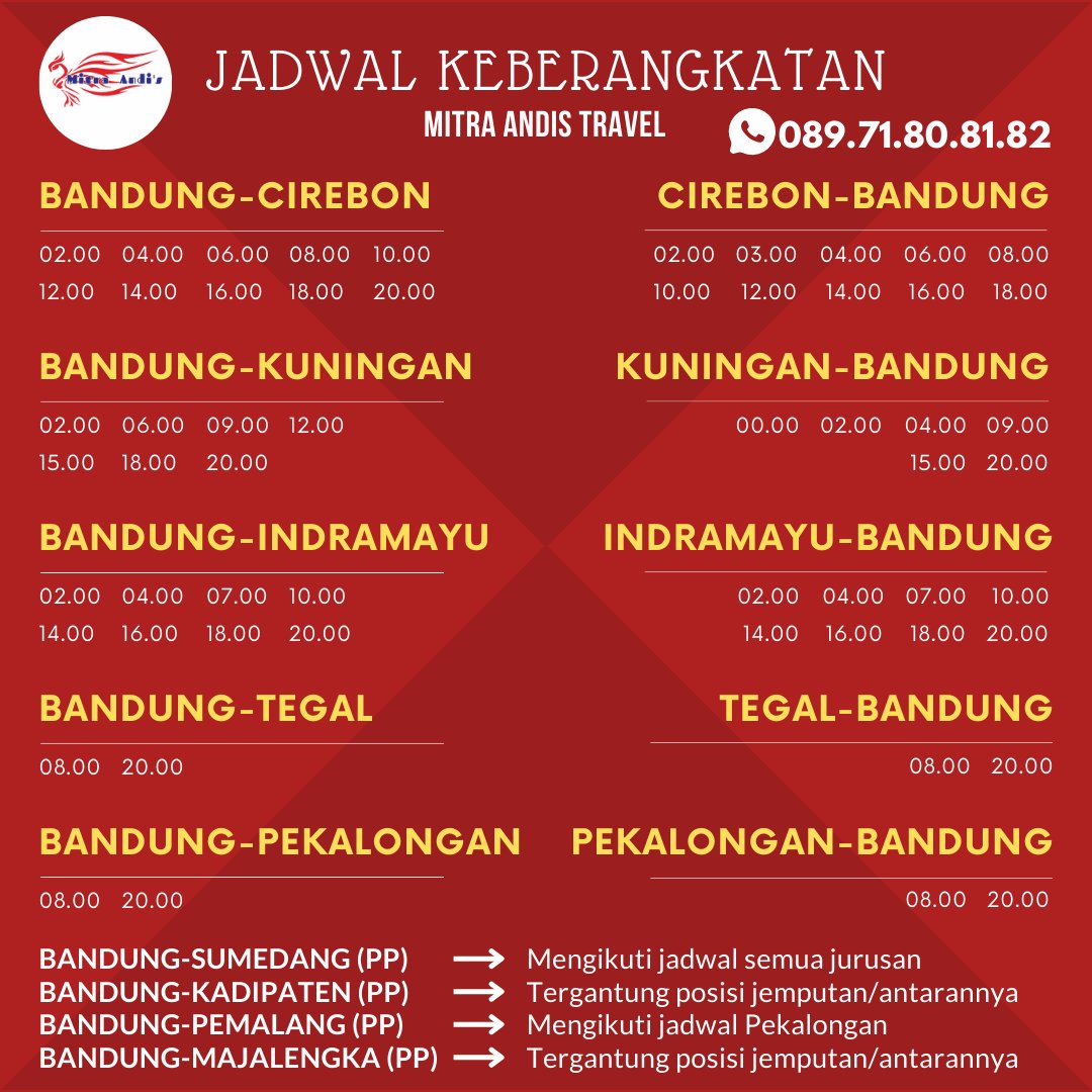 MitraAndis's tweet photo. Mitra Andi's Travel 
》Jl.Pajajaran No.103-Bandung 
》Chat WA/RSVP: 08971808182
》https://t.co/kzCX1pOKAO
Design by: Priska JEY
#travelkuningan #travelbandung #travelcirebon #travelkadipaten #travelindramayu #traveltegal #travelpekalongan #travelpemalang https://t.co/iD8HkflPLC