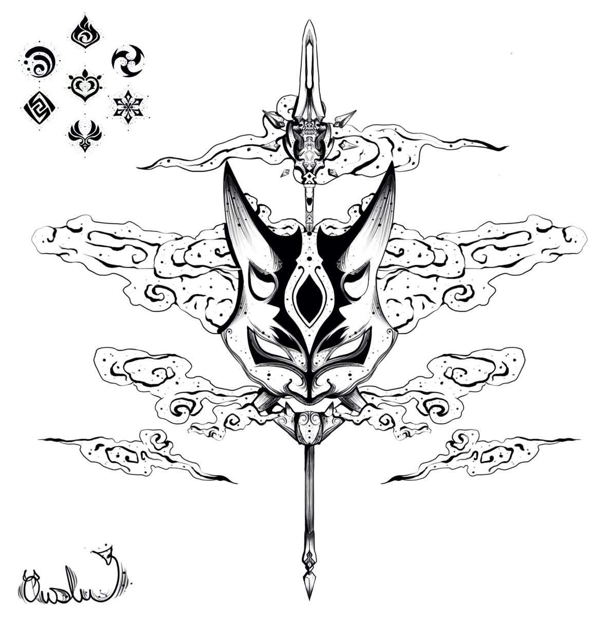 Xiao's mask & weapon #genshinimpact #xiao #genshin #art #genshinart #geo #hydro #electro #kryo #pyro #dendro #anemo #artist #tattoodesign #japanesemask #onimask #tattoosketch #tattooinspiration #drawing #yōkai #Genshinlmpact #xiaogenshin