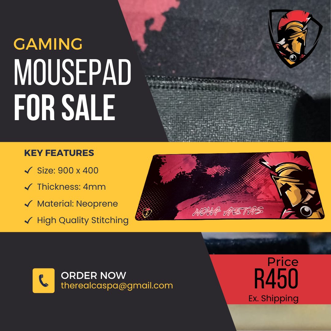 Nova Aetas Esports desk pads for sale.

Size: 900mm X 400mm
Thickness: 4mm
Material: neoprene
Stitching: high quality
Overall: extremely high quality product.
Price: R450 excluding shipping.

Please DM if interested

#gamingcommunity #MousePad