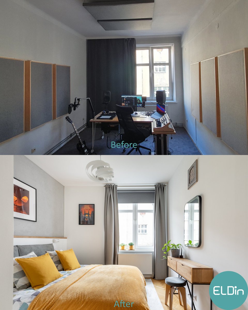 ELDINstudio's tweet photo. Seria Przed-Po. 
Zmiana funkcji pomieszczenia z gabinetu na sypialnię, z kompletną renowacja parkietu i drzwi, wybudowaniem garderoby, izolacją ścian i montażem sufitu podwieszanego #stylindustrialny #sypialnia #parkiet #dekor #Rockslab #Rockwool #drewno #beton #biel #szarość https://t.co/kq6CXq9qeD