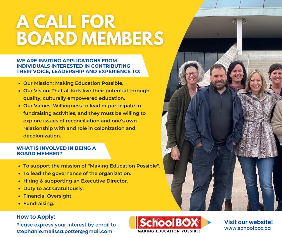 Do you want to make a positive impact in the lives of youth and children in Canada while working alongside passionate people? SchoolBOX is looking for new board members to join the team!

#team #people #canada #nonprofit #boardofdirectors #makeadifference #schoolbox #boardmember