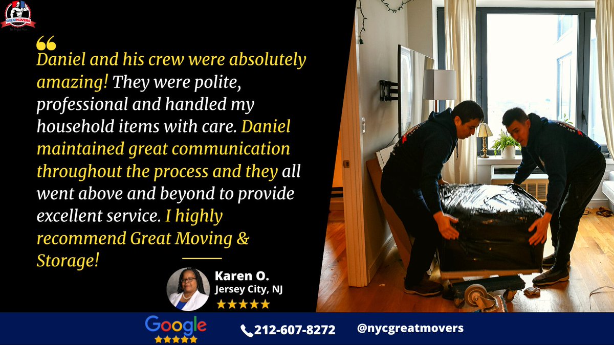 GreatMoversNY's tweet photo. We're thrilled to share a 5โญ review from one of our satisfied customers! Thank you for choosing us as your moving company. We're proud to provide top-notch service and make moving day a breeze.
.
.
.
.
.
#nycgreatmovers #NYCMovers #NJMovers #MovingMadeEasy #CustomerSatisfaction https://t.co/8u8EmFPgXP