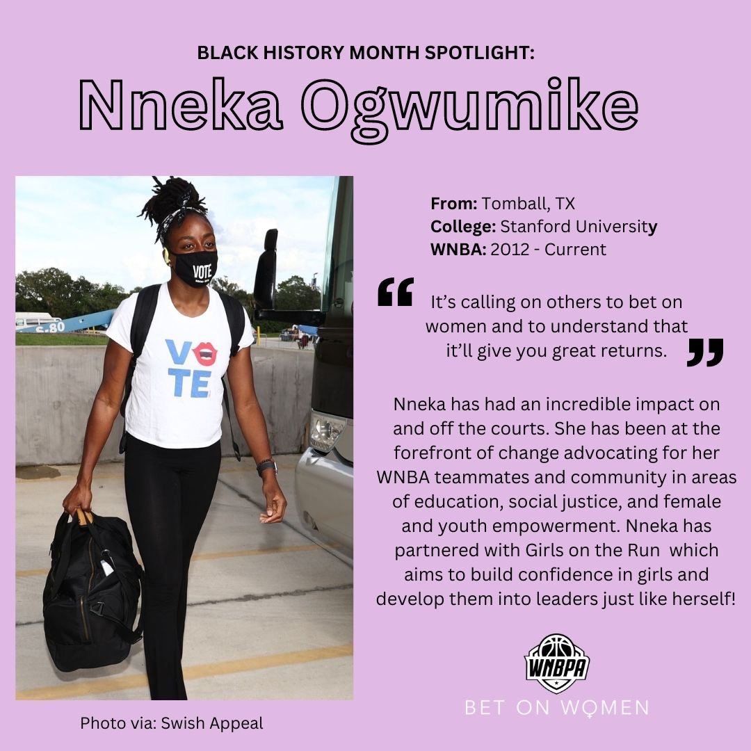 WNBPA (@thewnbpa) on Twitter photo Happy 1st day of Black History Month! Join us this month as we will spotlight our members to honor the full range of their achievements and experiences each day. We begin with our WNBPA President, <a href="/nnekaogwumike/">Nneka Ogwumike</a> Happy 1st day of Black History Month! Join us this month as we will spotlight our members to honor the full range of their achievements and experiences each day. We begin with our WNBPA President, <a href="/nnekaogwumike/">Nneka Ogwumike</a>