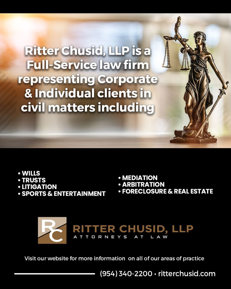 Ritter Chusid, LLP is a full-service law firm representing corporate and individual clients in civil matters throughout #Florida. Visit our new website ritterchusid.com for more information on all of our areas of practice. #lawfirm #lawyer #attorney #civil #litigation