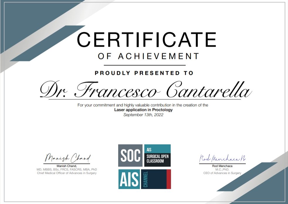 Francesco Cantarella MD, PhD, FACS (@cantarelladr) on Twitter photo I was glad to receive this Certification by <a href="/AISChannel/">AIS Channel</a>
for my recent contribution regarding laser in Proctology
<a href="/me4_so/">SoMe4Surgery</a> <a href="/SoMe4Proctology/">SoMe4Proctology</a> <a href="/Martin_Martin_G/">Gonzalo P. Martin Martin</a> <a href="/SPerdawood/">Sharaf Perdawood</a> <a href="/ZimNl/">David Zimmerman</a> <a href="/philtozer1/">Phil Tozer</a> <a href="/colorectal_jay/">Jay Warusavitarne</a>
aischannel.com/society/laser-… I was glad to receive this Certification by <a href="/AISChannel/">AIS Channel</a>
for my recent contribution regarding laser in Proctology
<a href="/me4_so/">SoMe4Surgery</a> <a href="/SoMe4Proctology/">SoMe4Proctology</a> <a href="/Martin_Martin_G/">Gonzalo P. Martin Martin</a> <a href="/SPerdawood/">Sharaf Perdawood</a> <a href="/ZimNl/">David Zimmerman</a> <a href="/philtozer1/">Phil Tozer</a> <a href="/colorectal_jay/">Jay Warusavitarne</a>
aischannel.com/society/laser-…