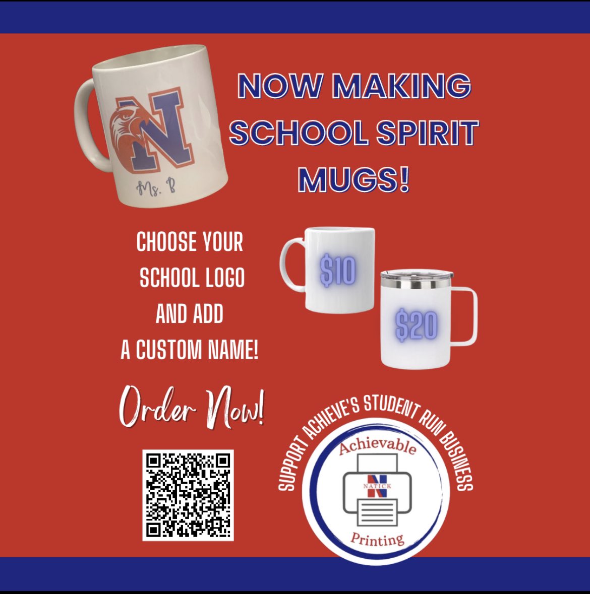 Alert! New product: school spirt mugs!! You can pick your school logo and add a custom name! Scan the QR code to order!😁