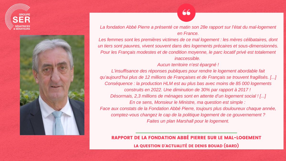 Sénatrices et sénateurs socialistes 🇪🇺 (@senateursps) on Twitter photo Notre collègue <a href="/DBouad/">Denis Bouad</a> interroge le #gouvernement sur son action contre le mal-logement suite au 28e rapport de <a href="/Abbe_Pierre/">Abbé Pierre</a>.
12M de mal logés et le gouvernent soutient une PPL qui criminalise les locataires en impayés de loyers qui se maintiendraient dans leur logement !
#QAG Notre collègue <a href="/DBouad/">Denis Bouad</a> interroge le #gouvernement sur son action contre le mal-logement suite au 28e rapport de <a href="/Abbe_Pierre/">Abbé Pierre</a>.
12M de mal logés et le gouvernent soutient une PPL qui criminalise les locataires en impayés de loyers qui se maintiendraient dans leur logement !
#QAG