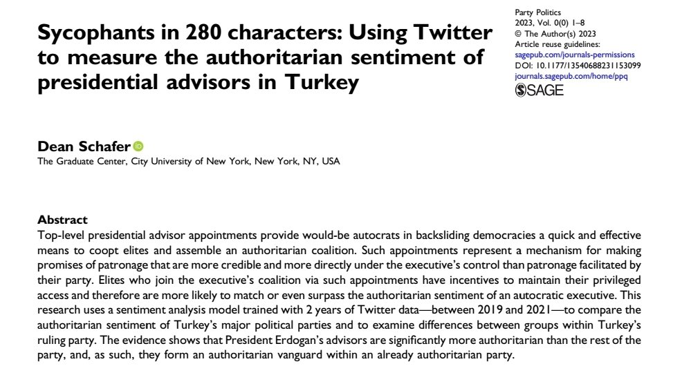 Dean Schafer (@schafuggeddit) on Twitter photo 📢🎉 New Publication in Party Politics!
"Sycophants in 280 Characters" uses a sentiment analysis model trained on 2 years of Twitter data to measure the authoritarian sentiment of Turkey's political elites.
doi.org/10.1177/135406…
<a href="/GC_PoliSci/">GC PoliSci Program</a>, @SAGEJournals, <a href="/PoliSciRes/">Political Science Research</a>
👇/5 📢🎉 New Publication in Party Politics!
"Sycophants in 280 Characters" uses a sentiment analysis model trained on 2 years of Twitter data to measure the authoritarian sentiment of Turkey's political elites.
doi.org/10.1177/135406…
<a href="/GC_PoliSci/">GC PoliSci Program</a>, @SAGEJournals, <a href="/PoliSciRes/">Political Science Research</a>
👇/5