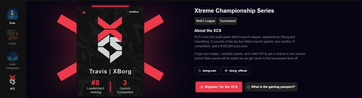 ProofOfTravis's tweet image. As a competitor or a fan, get prepped for the #XCS by forging your badge 🔥
gaming.xborg.com/event/xcs