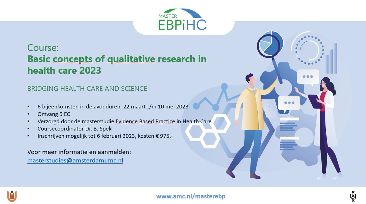 Wilt u als kwantitatief opgeleide onderzoeker leren kwalitatief onderzoek te ontwerpen en op te zetten? 22 maart 2023 start onze course Basic concepts of qualitative research in health Care. De course bestaat uit 6 modules in de avonduren.
Mail voor meer informatie/aanmelding.