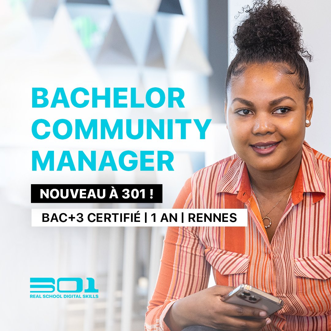 Stage_301's tweet photo. Il y a des news qui donne le smile 🤩

Nouveauté à 301 : Le Bachelor Community Manager (BAC+3 certifié) 📣

En 1 an, forme-toi aux réseaux sociaux et apprends à animer une communauté ! 

Engage-toi dans un cursus qui recrute 👉 https://t.co/ZaAFwTloKQ

#bachelor #communitymanager https://t.co/PZ20yJoDRA