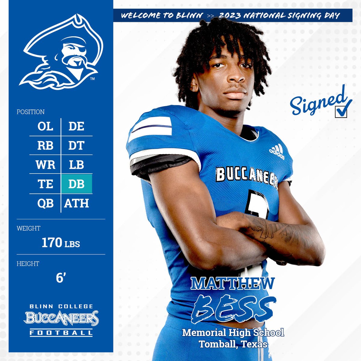 BLINNFBRECRUIT's tweet photo. 🖊️NSD23
🏈@MatthewJBess
📍Tomball, TX (Memorial HS)
The newest member of the BucNation!! Welcome aboard!!🔵⚪️⚔️🏴☠️ #D1OfferU #FullSpeedAhead https://t.co/5uID3ViAAP