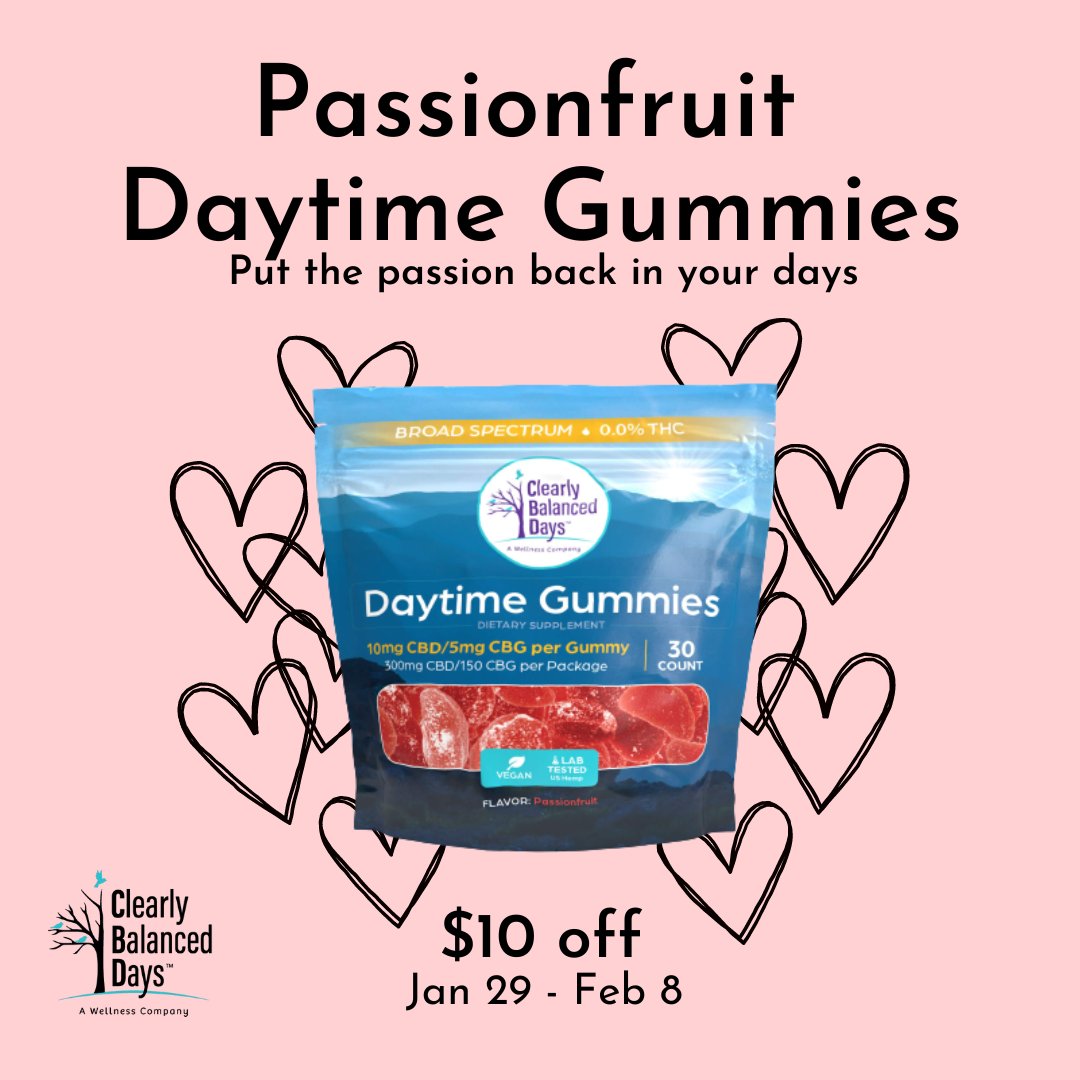 ClearlyCBD's tweet photo. Stock up on our Passionfruit Daytime Gummies with #CBG. Just in time for Valentine's Day!

#shopsmall #cbd #cbn #hemp #wakeupearly #energy #focus #familybusiness #womenowned #lgbtqia https://t.co/CNpB15Y4T5