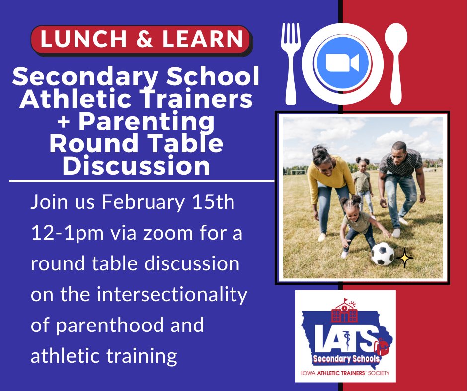 IowaATSociety's tweet image. Secondary Schools AT + Parenting Round Table
February 15th
12:00 pm - 1:00 pm CT

Join us for a roundtable discussion on the intersection of parenthood and athletic training.  

Register here:
forms.gle/XHwi5wecGf2dVb…