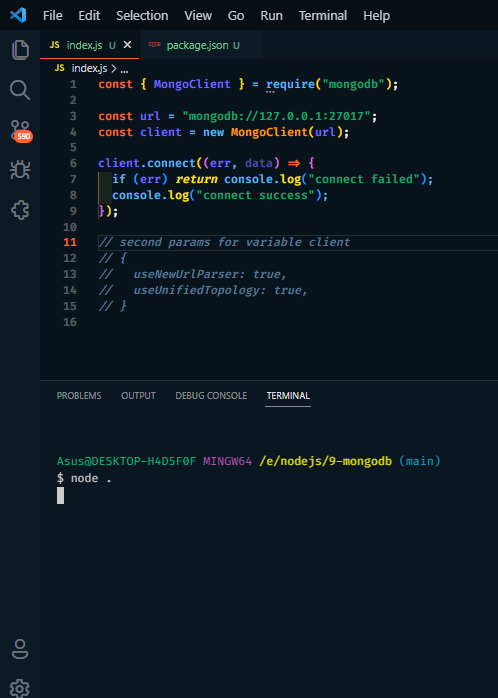 codingfess's tweet photo. saya baru belajar node js dan ini nyoba ngehubungin ke mongo db tapi hasilnya pas di run itu loading terus , aku udah cari solusinya cuman masih belum bisa kira kira salahnya dimana ya code; https://t.co/mLVEGuSHws