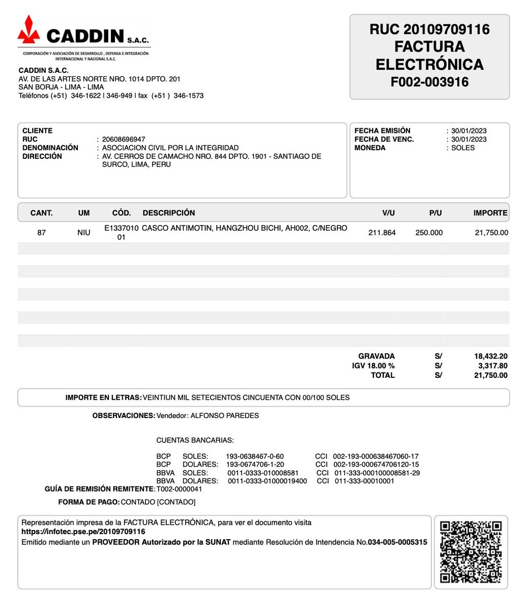 contracultural's tweet photo. Solo en estas facturas, casi 140 mil soles en "donativos" a la @PoliciaPeru pagados AL CONTADO. ¿Cómo es? ¿Cuando es para ustedes reciben no más, y cuando es para los ciudadanos creen que es delito?

Y eso que esto no es comida: les están comprando armamento https://t.co/yzKznXnnof