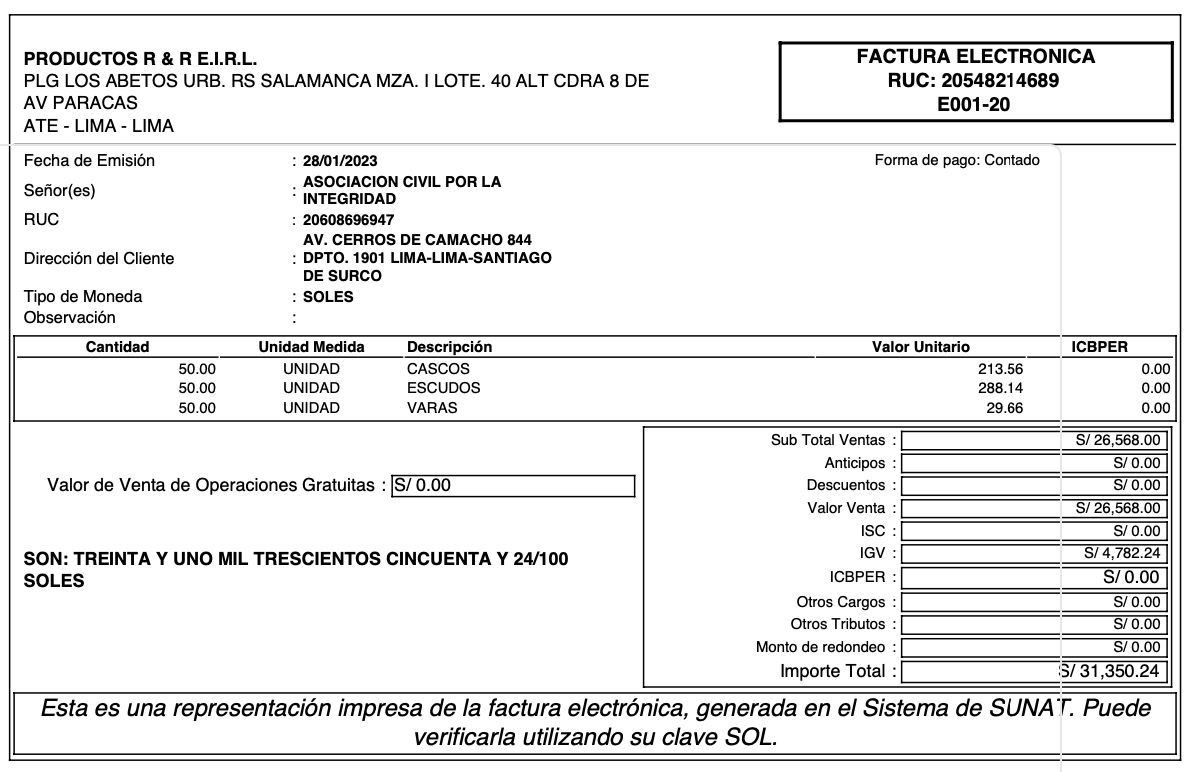 contracultural's tweet photo. Solo en estas facturas, casi 140 mil soles en "donativos" a la @PoliciaPeru pagados AL CONTADO. ¿Cómo es? ¿Cuando es para ustedes reciben no más, y cuando es para los ciudadanos creen que es delito?

Y eso que esto no es comida: les están comprando armamento https://t.co/yzKznXnnof