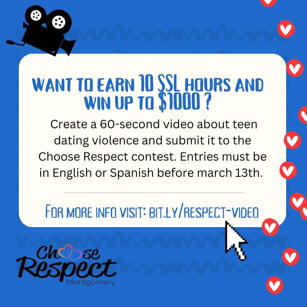 Enter our Choose Respect Video Contest and earn 10 SSL hours and a chance at $1,000! Deadline is March 13th! bit.ly/respect-video #tdvam23 #beaboutit <a href="/MCPS/">MCPS</a> <a href="/MontgomeryCoMD/">Montgomery County MD Government</a>