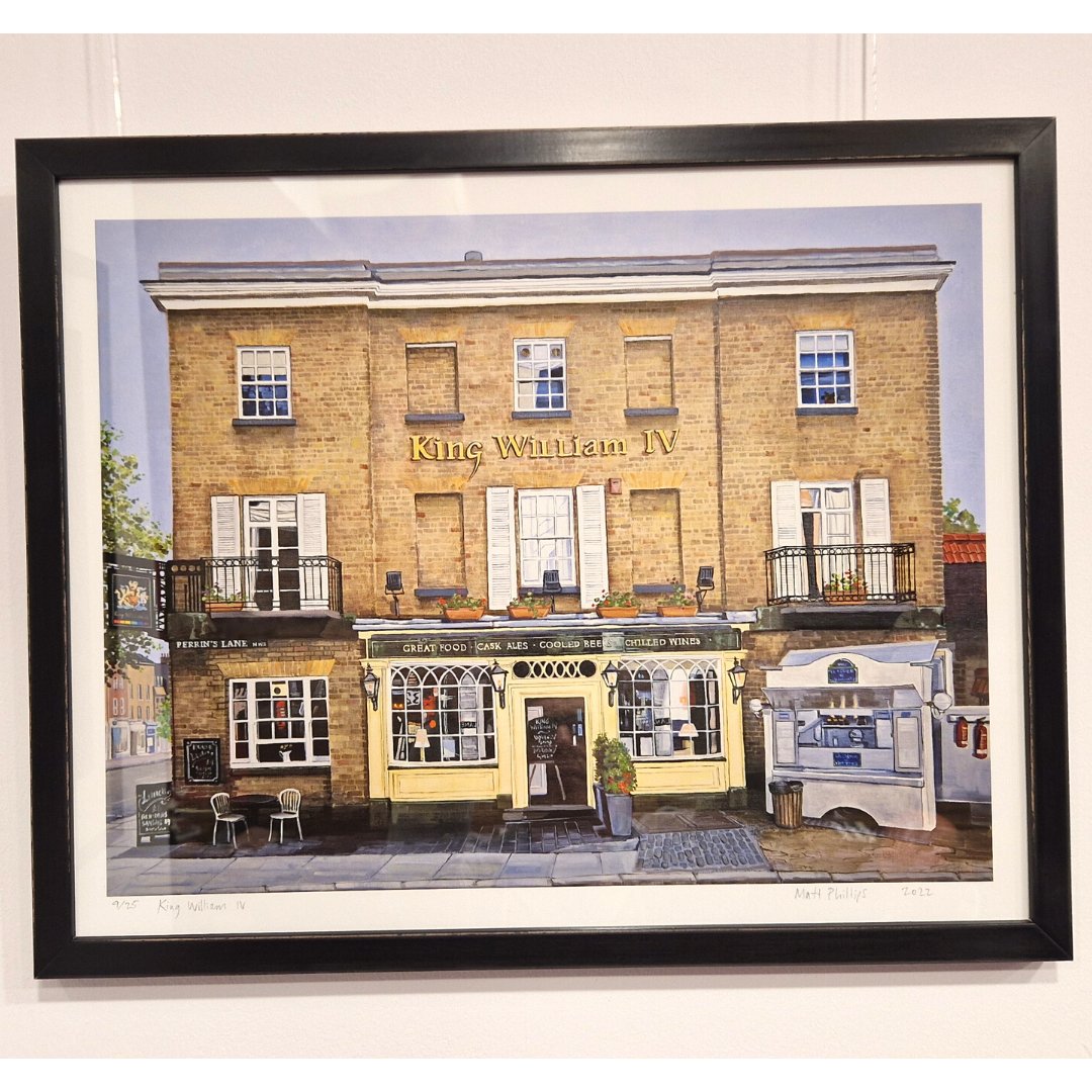 HeathStKitchen's tweet photo. You might have spotted this on our wall as well: 
'King William IV' (13.5" x 18"), another famous Hampstead pub. Prints of this one (and more) also available from Matt's website. https://t.co/G2zgYKQKII