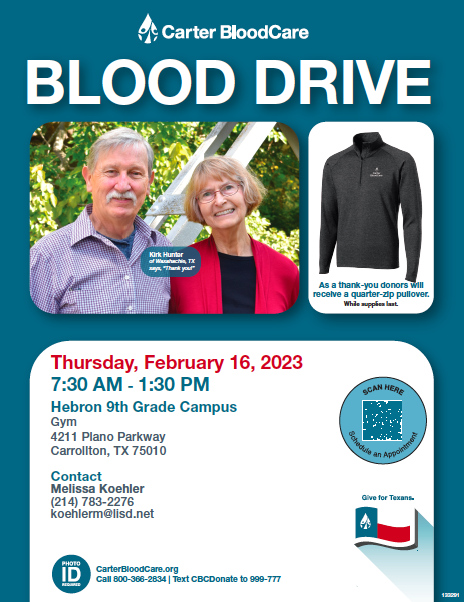 Please sign up for the Carter Blood Drive <a href="/hebron9th/">Hebron 9th Campus</a> coming up on February 16 from 7:30 am to 1:30 pm! Must be 16 years or older to donate.