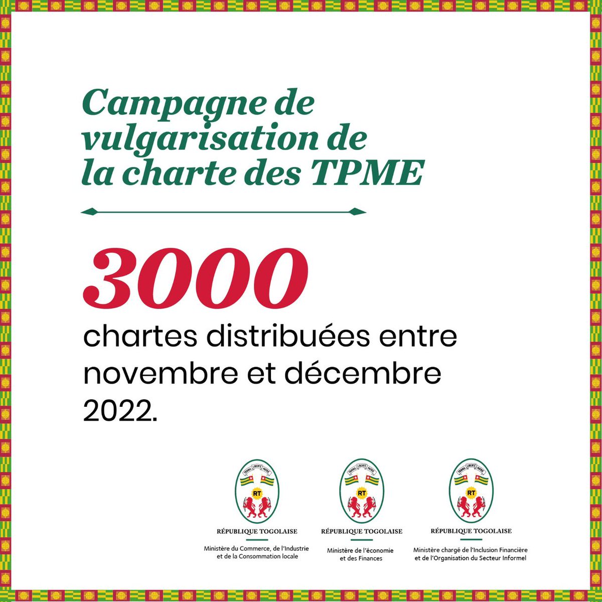 Lancée à Lomé, le 09 nov. 2022 par le Ministre du <a href="/CommercegouvTg/">Ministère du Commerce - TOGO</a>, la campagne de vulgarisation de la charte des Très Petites, Petites &amp; Moyennes Entreprises (TPME) a permis de distribuer 3000 chartes des #TPME sur l'ensemble du territoire national🇹🇬.

<a href="/GouvTg/">Gouvernement Togolais/Togolese Government</a>

#Togo
#Denyigban