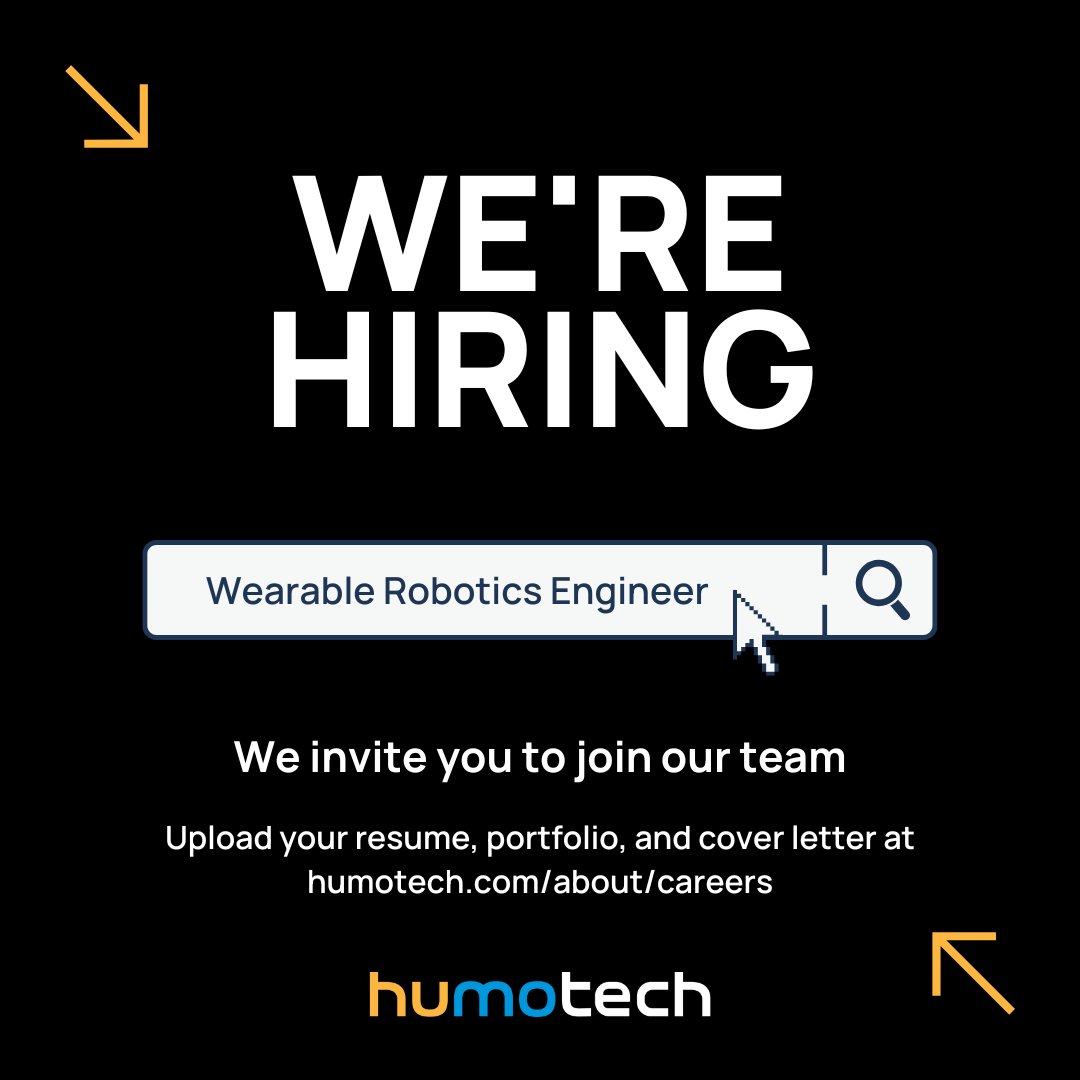 humotech's tweet image. We&apos;re hiring a Wearable Robotics Engineer to join our passionate team dedicated to improving the way the world develops wearable machines. Learn more here: zcu.io/9b75

#wearablerobotics #hiring #techhire #robotics