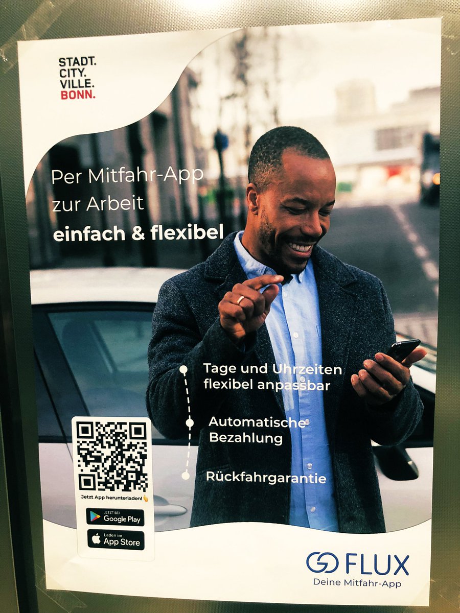 Carsharing entlastet den Verkehr und die Menschen, die es nutzen - ich freue mich, dass die Mitarbeitenden der <a href="/BundesstadtBonn/">Bundesstadt Bonn</a> jetzt die MitfahrApp <a href="/g0flux/">goFLUX Mobility</a> testen können - Werbung hing schon im Aufzug 👌Mehr Infos: bonn.de/pressemitteilu…