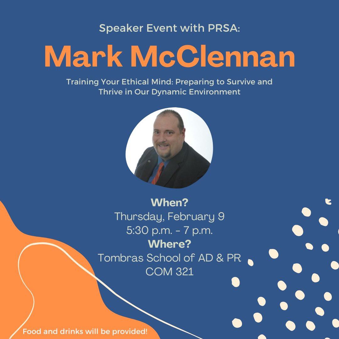 Join us Feb. 9 and hear from Mark McClennan regarding all things ethics! Networking with Mark and other PRSA members begins at 5:30, and the presentation follows at 6:00. See you there! #prssa #utkprssa