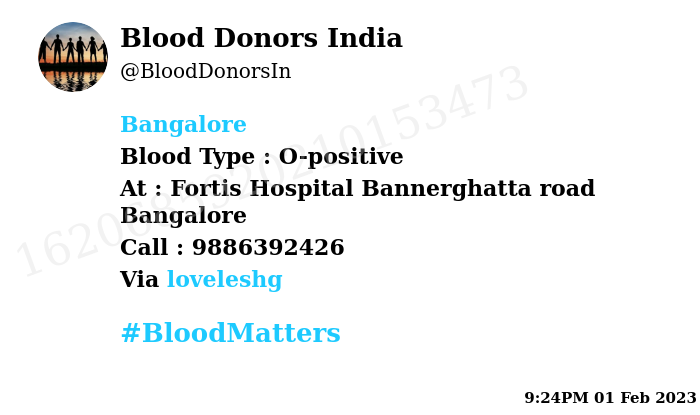 BloodDonorsIn's tweet photo. #Bangalore
Need #Blood Type :  O-positive
Blood Component : Blood
Number of Units : 3
Primary Number : 9886392426
Via: @loveleshg
#BloodMatters https://t.co/RHNP2bV9x6