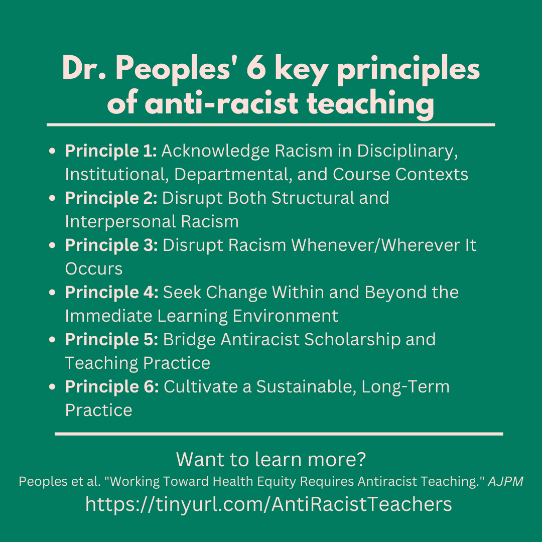 Have you checked out this 🔥*new paper* 🔥 on anti-racist teaching? 

It includes a definition and unpacks 6 key principles of anti-racist teaching. 

Open-access link to "Working towards health equity requires antiracist teaching" in <a href="/AmJPrevMed/">American Journal of Preventive Medicine (AJPM)</a>: authors.elsevier.com/a/1gSmc2gOwG8S…