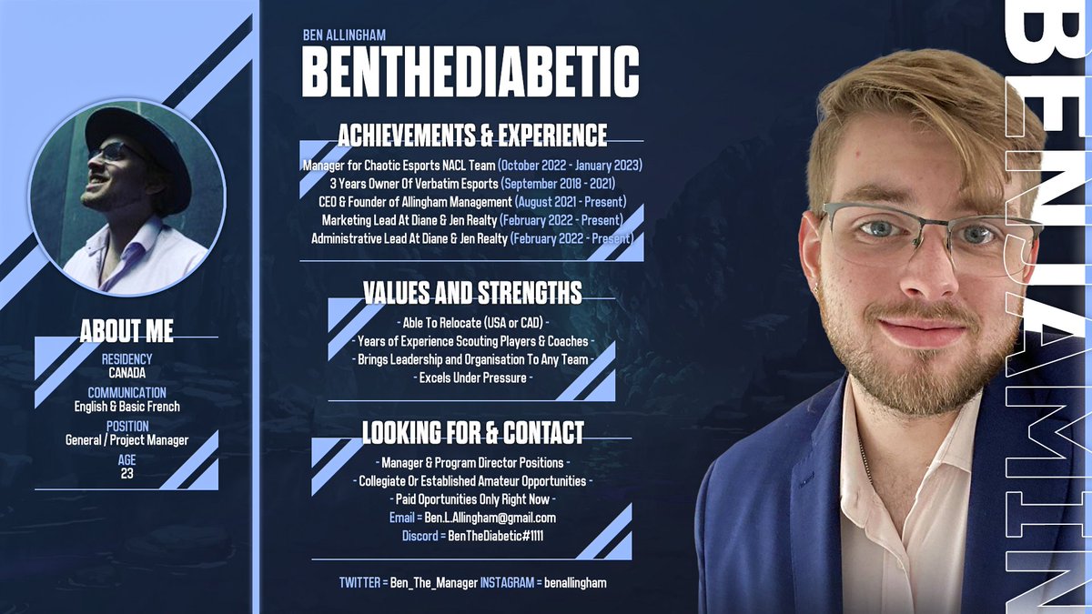 Hello Everyone! I am back earlier than expected and looking for opportunities again in both Collegiate and Amateur level Esports :) 

Resume will be provided upon email or discord follow.